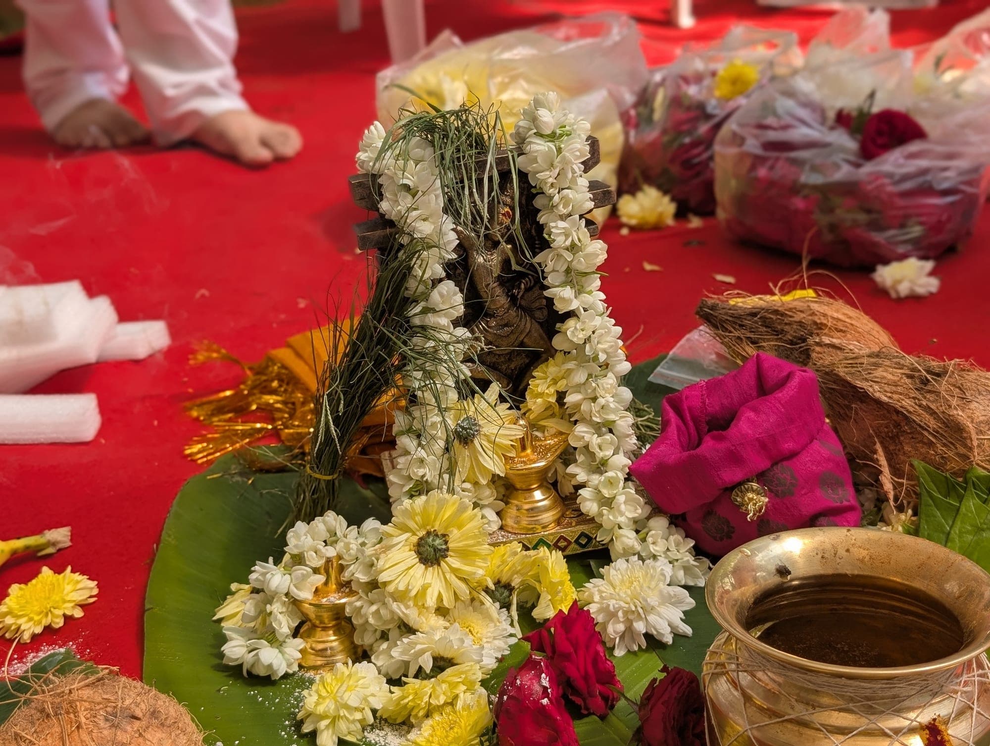 Pooja offerings at the Panchabootha Vana site