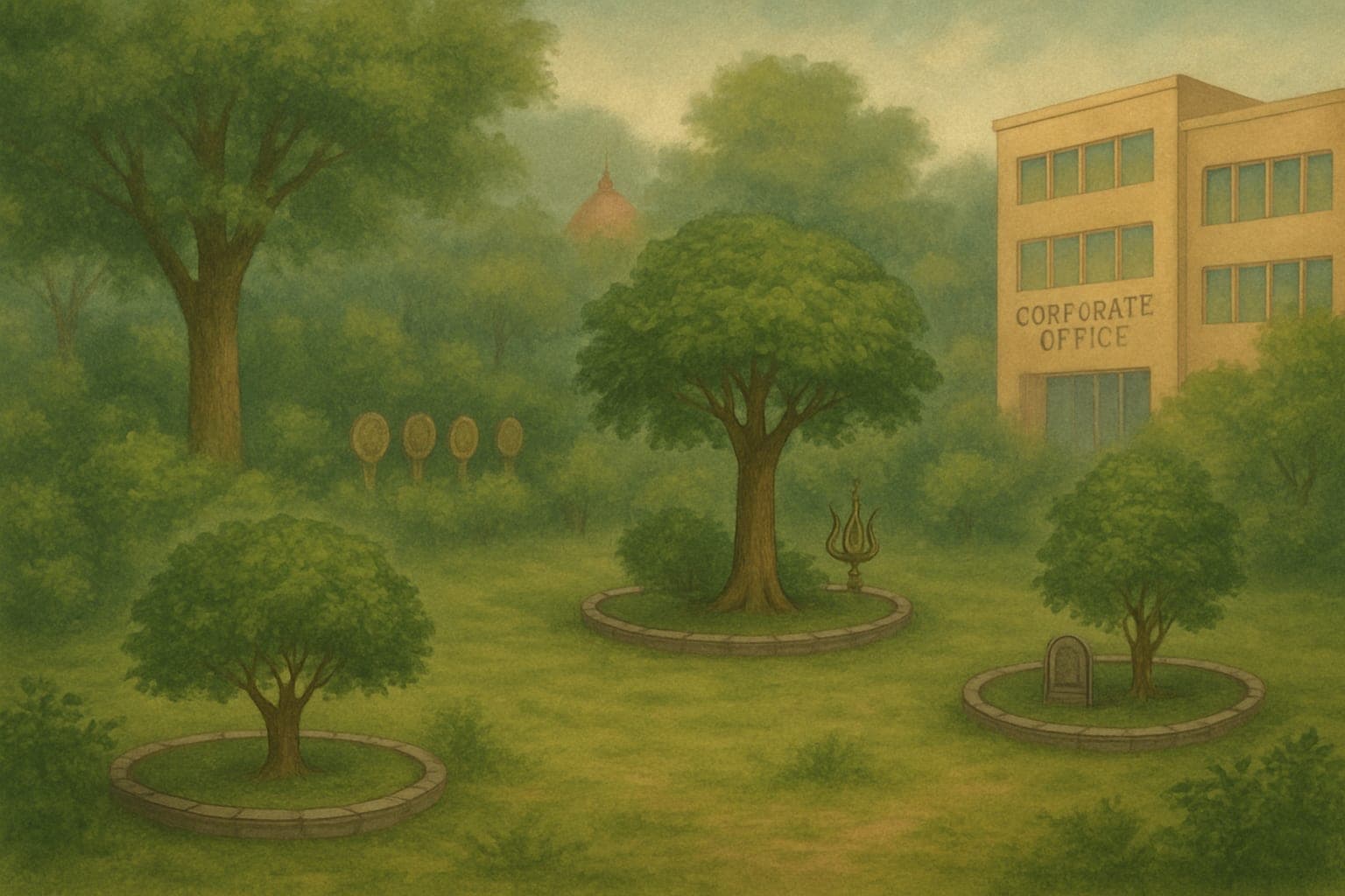 Artistic image of a corporate office with sacred trees